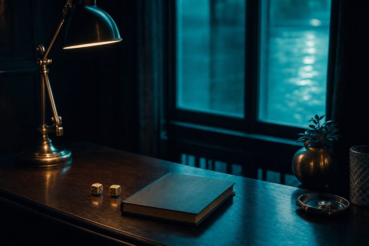 Wooden desk with a brass lamp, a closed book and two small dice, a window with teal water beyond (AI-generated image)