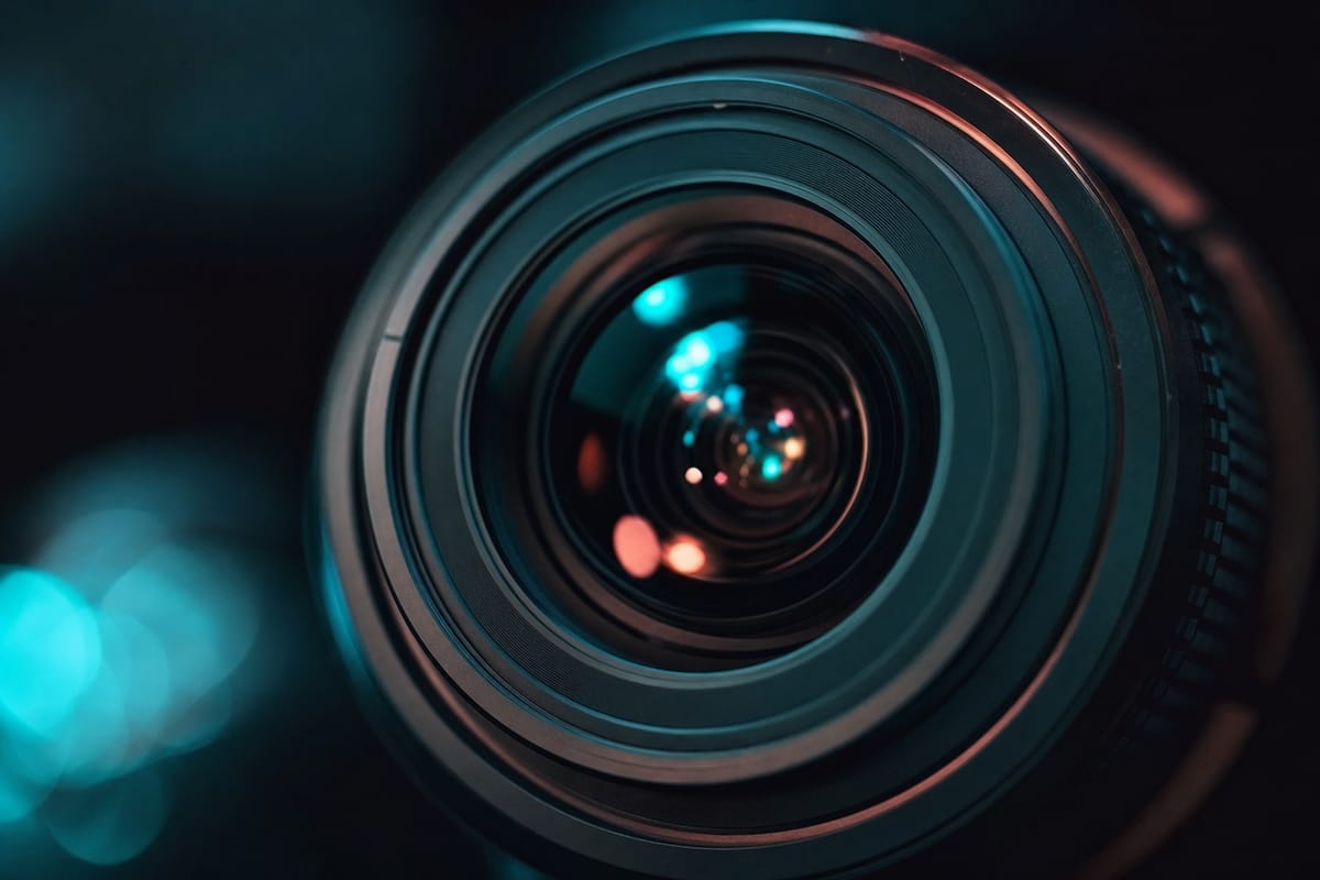 Close-up of a camera lens seen from the front, its glass elements catching teal and coral reflections (AI-generated image)