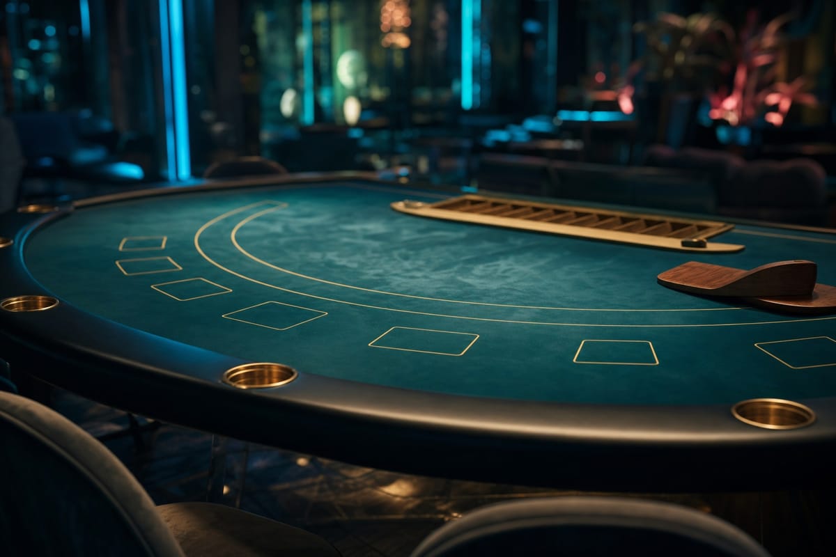 Curved baccarat table with gold-outlined betting boxes, a card tray, a wooden palette and brass cup holders (AI-generated image)