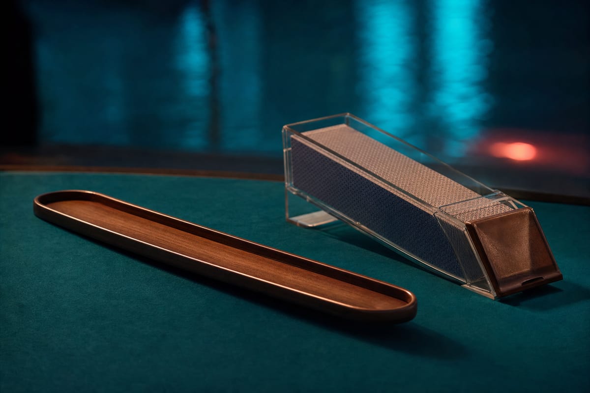 Clear dealing shoe loaded with blue-backed cards beside a long wooden palette on teal felt (AI-generated image)