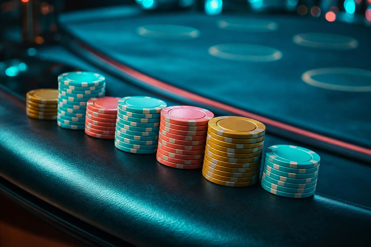 Row of gold, teal and coral chip stacks along the padded rail of a curved blackjack table with empty betting circles (AI-generated image)