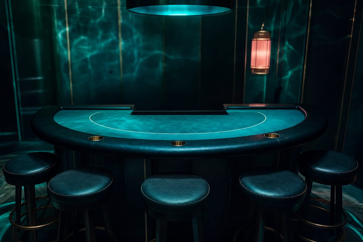 Empty semicircular blackjack table with five round leather stools, lit by a teal ceiling lamp and a coral lantern (AI-generated image)