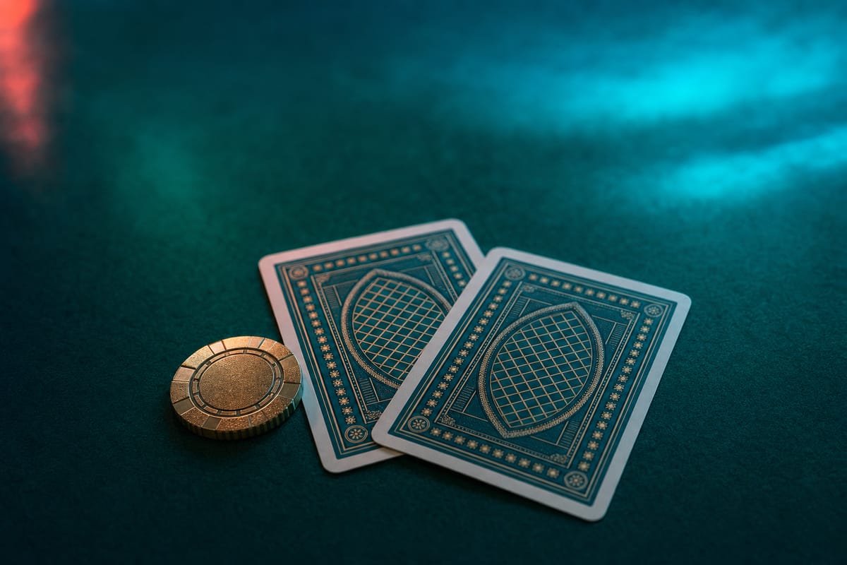 Two face-down playing cards with a teal and gold back design beside a single gold chip on dark green felt (AI-generated image)