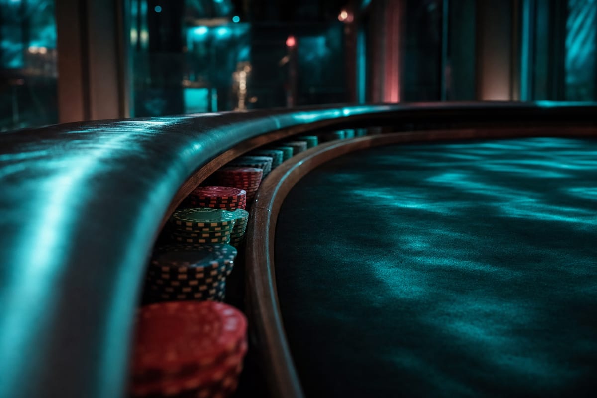 Curved leather rail of a dice table with coral, green and black chip stacks in the groove beside dark felt (AI-generated image)