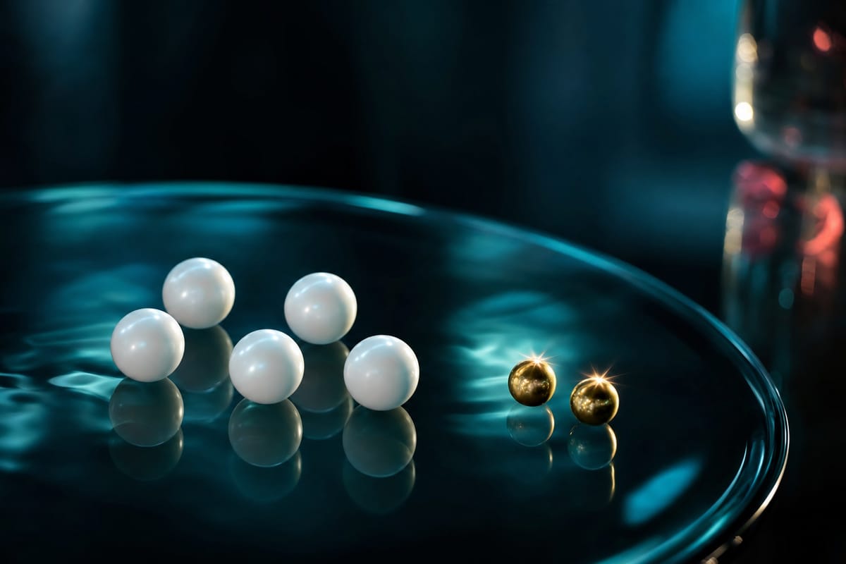 Five white balls and two small gold balls with a star-like sparkle on a dark round glass table (AI-generated image)