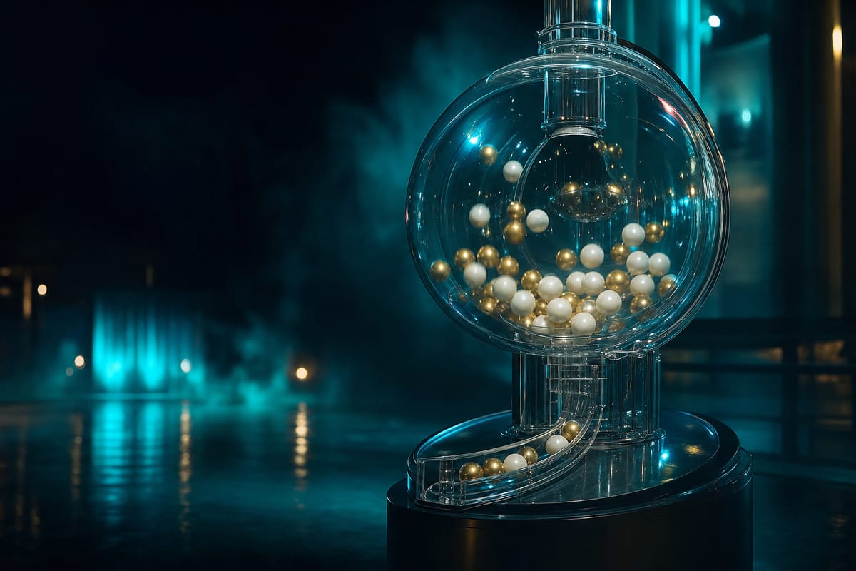 Clear draw machine filled with white and gold balls, standing on a black base at night with teal lights behind (AI-generated image)