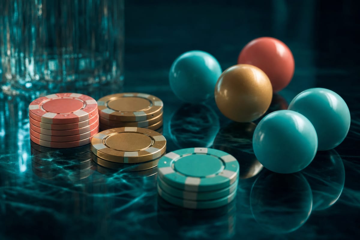 Short stacks of coral, gold and teal chips beside six glossy lottery-style balls on a dark marbled surface (AI-generated image)