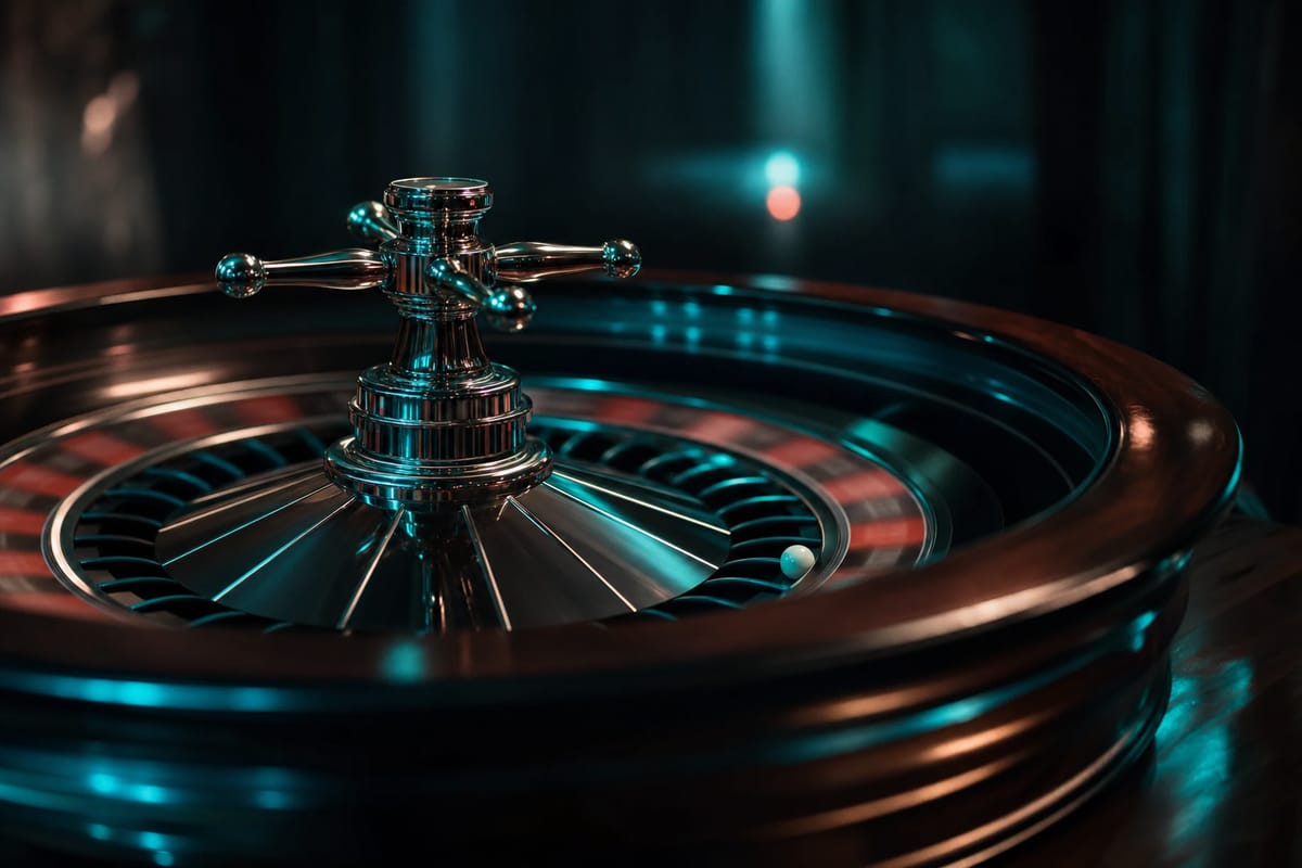 Polished wooden roulette wheel with a chrome turret, a small white ball resting near the cone, lit in teal and copper (AI-generated image)