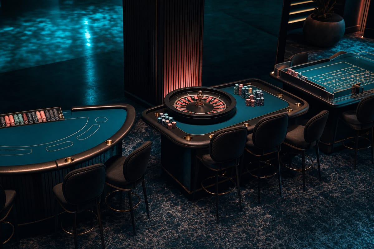 Dim gaming room seen from above with a curved card table, a roulette table and a dice table, each lined with empty chairs (AI-generated image)