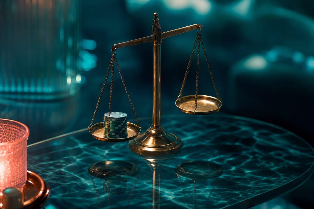 Brass balance scale on a marbled table, one pan holding a short stack of chips and sitting lower than the empty pan (AI-generated image)