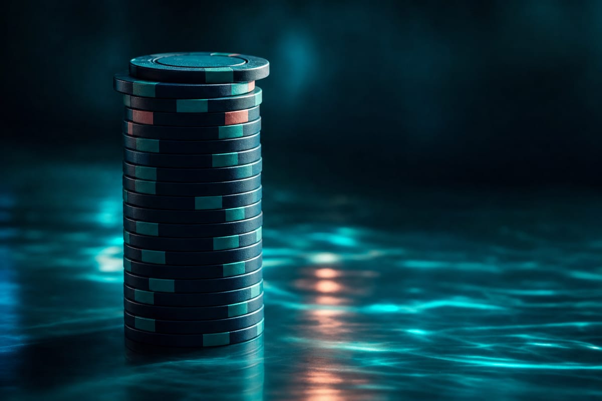 Single tall tower of dark chips with teal and coral edge markings on a reflective surface (AI-generated image)