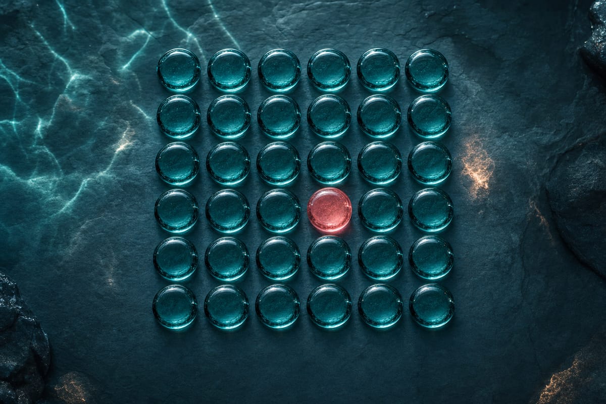 Thirty-six round teal glass counters in a six-by-six grid on dark slate, seen from above, with a single coral counter among them (AI-generated image)