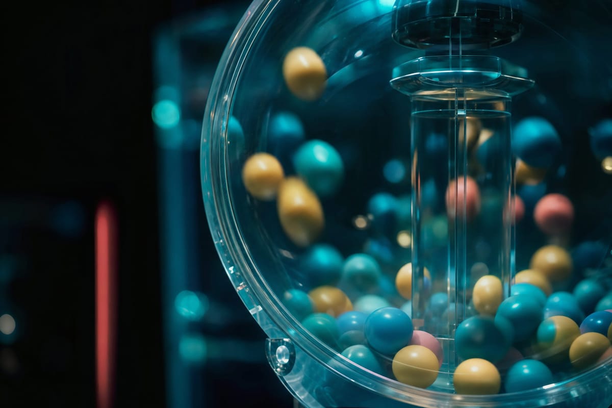 Close-up through the curved side of a clear draw machine filled with yellow, teal, blue and pink balls (AI-generated image)