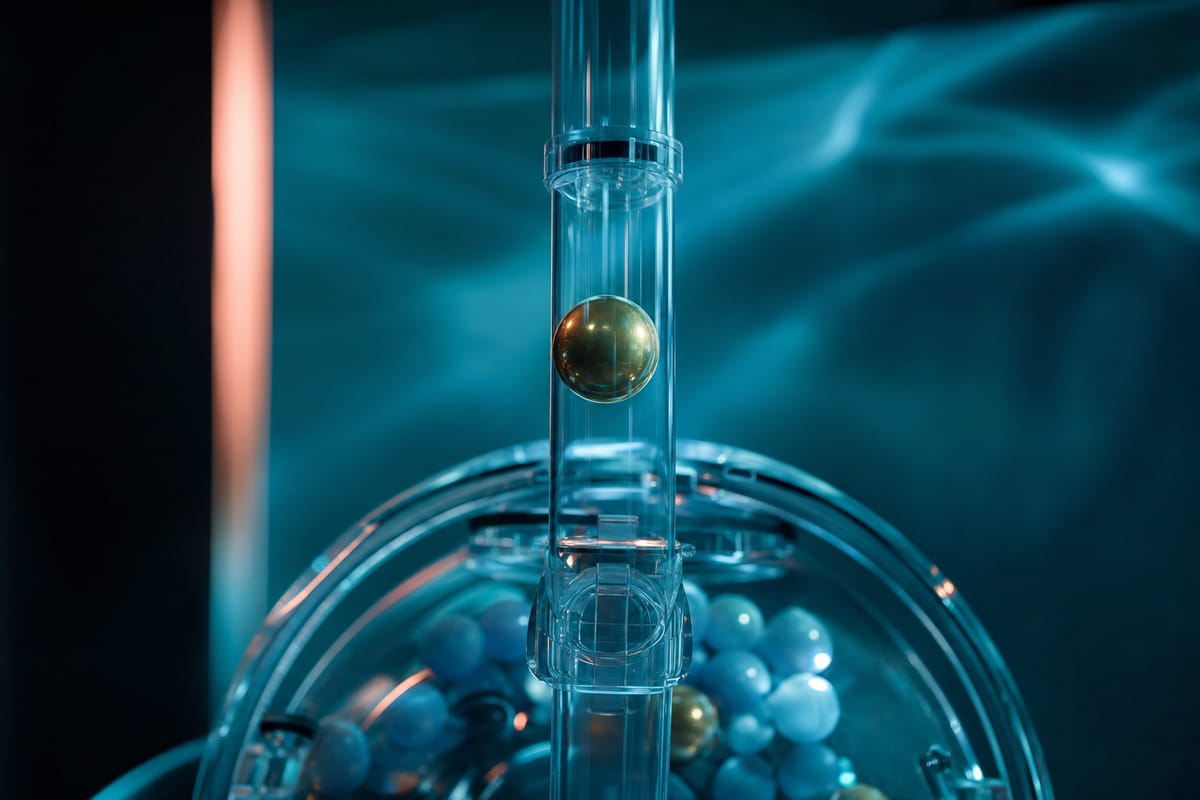 Single gold ball rising through a clear tube above a draw machine filled with pale blue balls (AI-generated image)