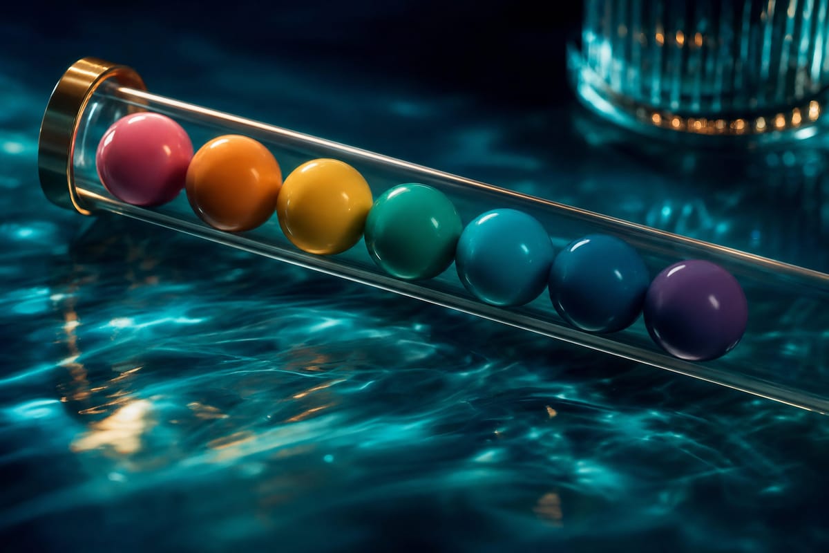 Clear tube holding a row of seven balls in pink, orange, yellow, green, teal, blue and purple over rippling water (AI-generated image)