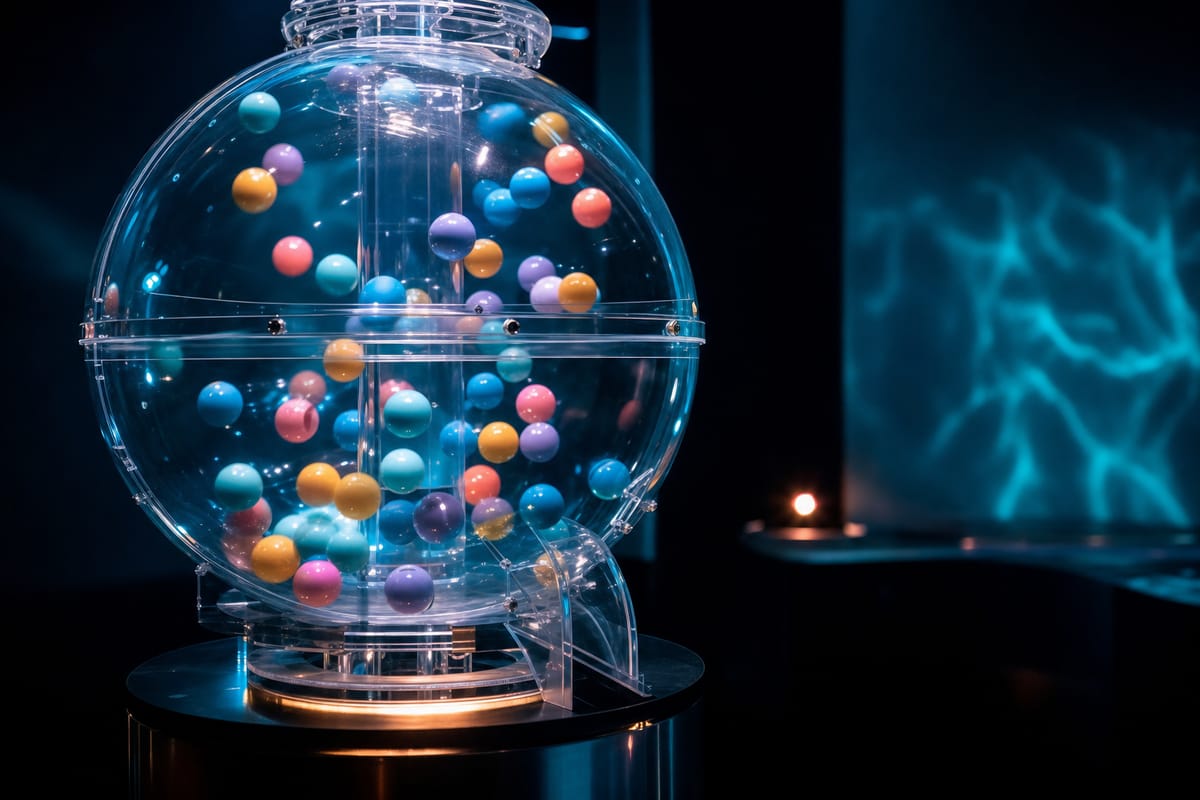 Clear acrylic draw machine on a lit pedestal, filled with pastel balls in pink, blue, orange and purple (AI-generated image)