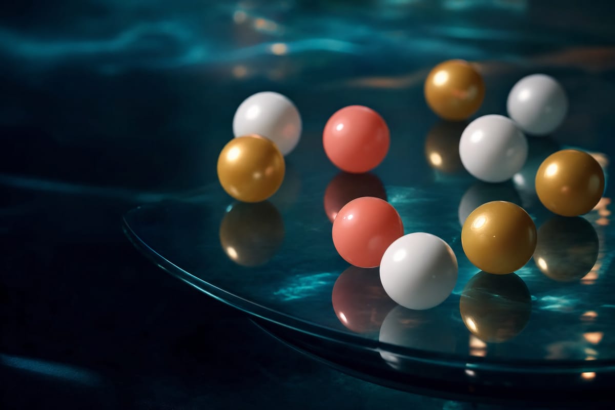 Glossy white, gold and coral balls scattered on a dark glass tabletop with teal reflections (AI-generated image)
