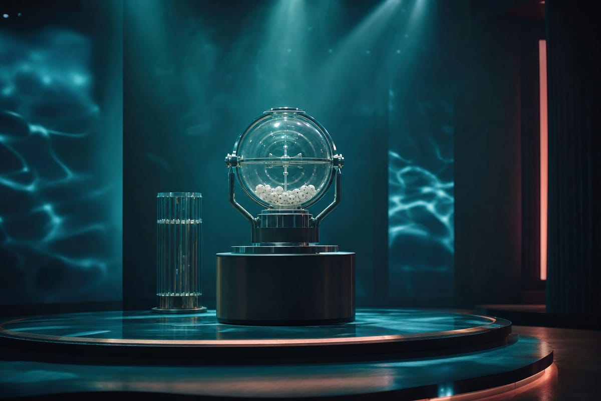 Small spherical draw machine with white balls on a black plinth, lit by spotlights on a dark teal stage (AI-generated image)