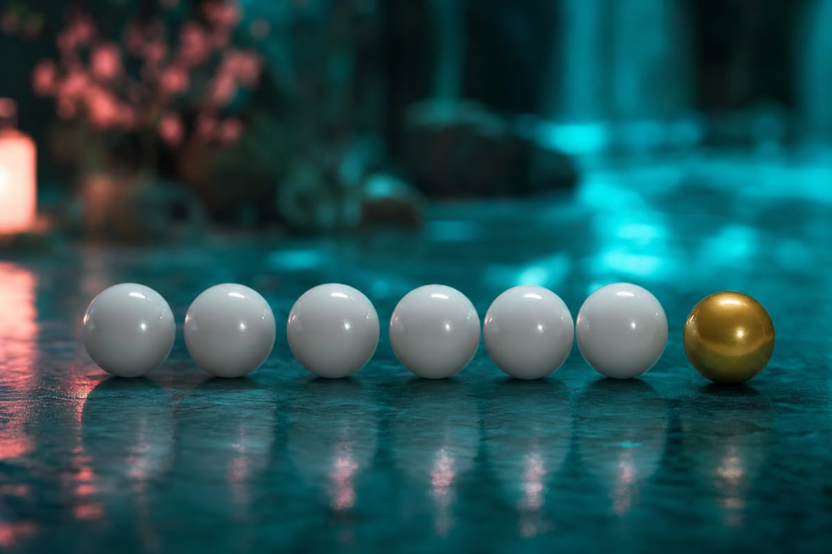 Row of six white balls and one gold ball on a wet stone surface, with pink blossom blurred in the background (AI-generated image)