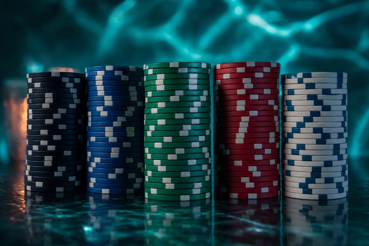 Five tall chip stacks in black, blue, green, red and white, with striped edges, against teal light (AI-generated image)