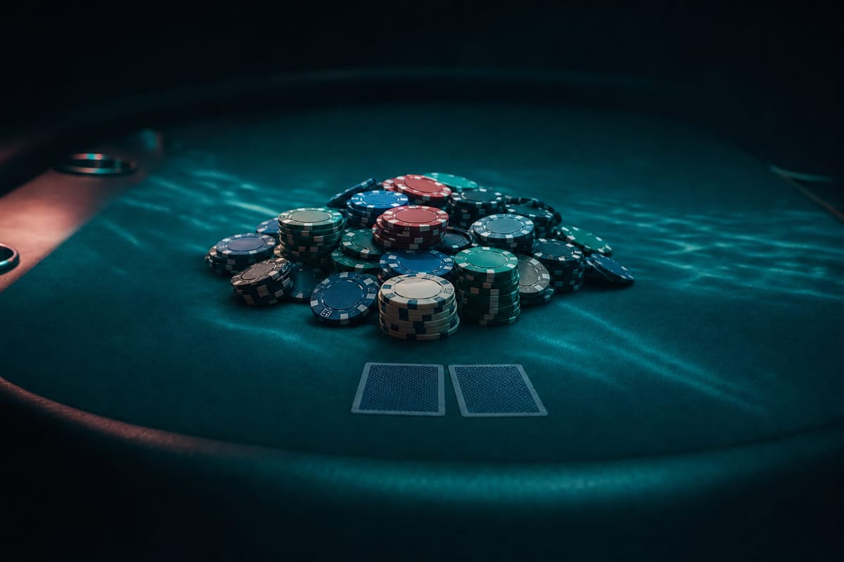 Heap of mixed poker chips in the middle of a dark felt table with two face-down cards in front (AI-generated image)
