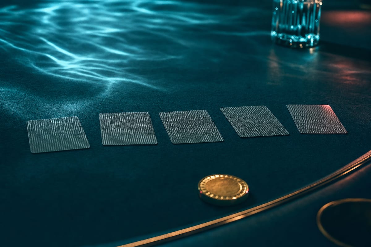 Five face-down cards laid in a line on a teal poker table, with a gold chip and a glass nearby (AI-generated image)