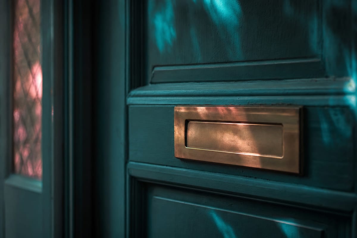 Brass letterbox set into a dark teal panelled front door, beside a frosted glass window lit in pink (AI-generated image)