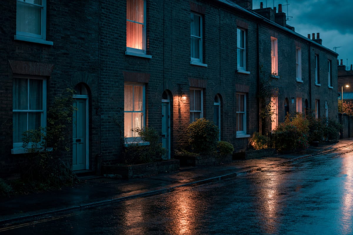 Row of brick terraced houses with lit windows along a wet street at dusk, a streetlamp glowing at the far end (AI-generated image)