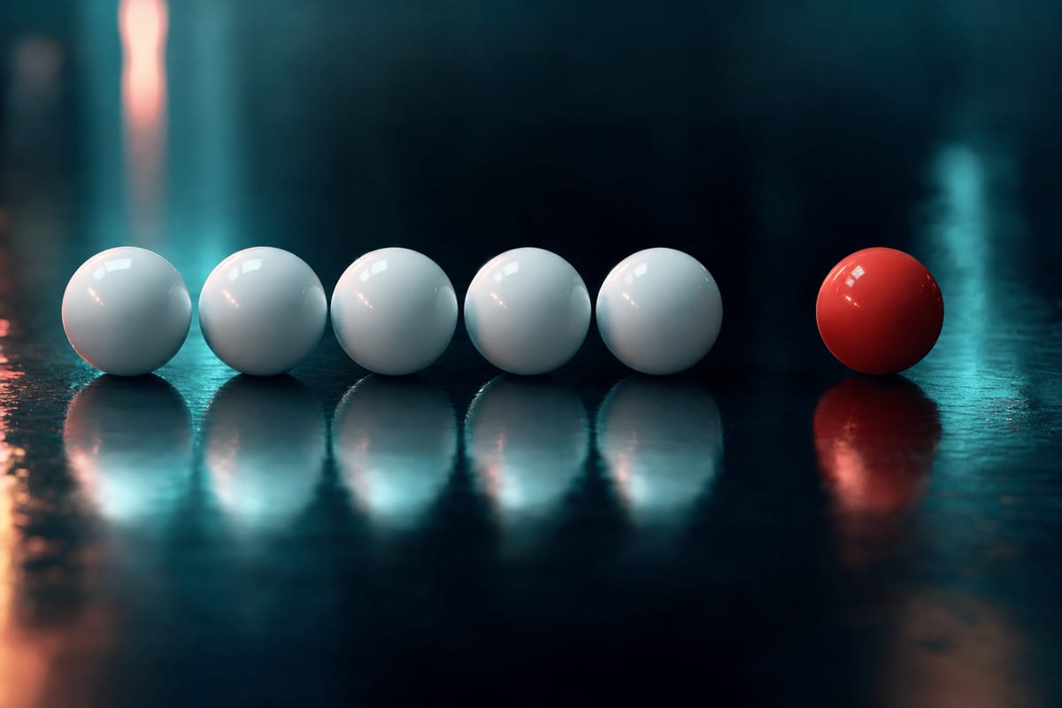 Five glossy white balls in a row and a single red ball set apart, reflected on a dark wet surface under teal light (AI-generated image)
