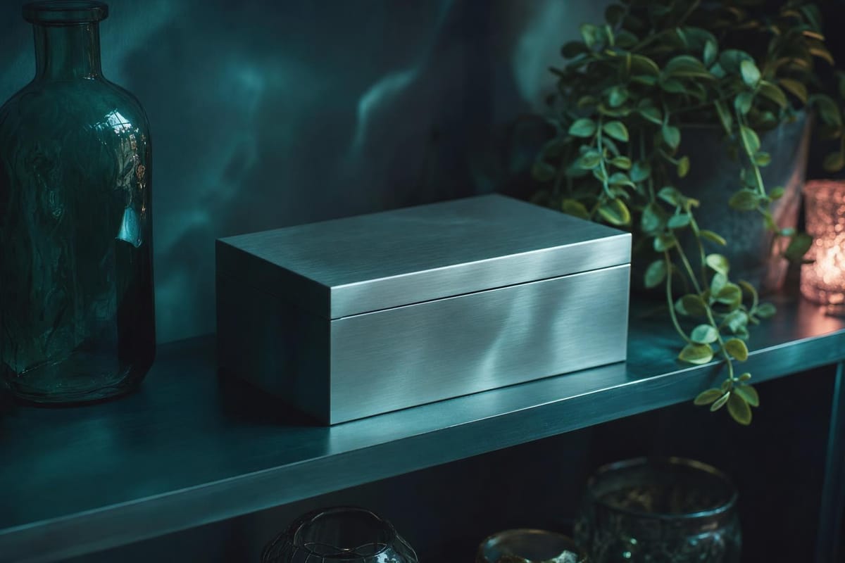 Small closed brushed-steel strongbox on a dark teal shelf beside a green glass bottle and a softly lit plant (AI-generated image)