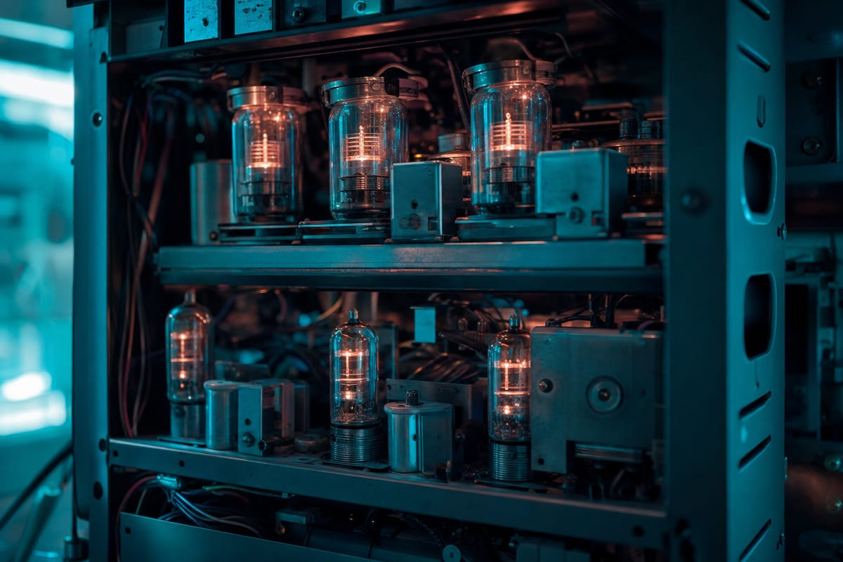 Open metal cabinet of glowing glass valves, wiring and grey boxes on two shelves, lit in cold teal (AI-generated image)