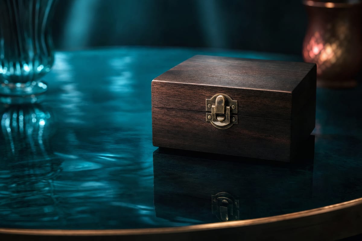 Closed dark wooden box with a brass clasp on a glass table, with a cut-glass tumbler and a candle blurred nearby (AI-generated image)