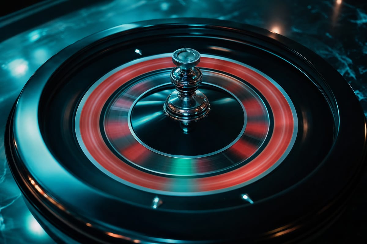 Roulette wheel with its red and black pockets smeared into rings of colour by a long exposure, a green streak among them (AI-generated image)