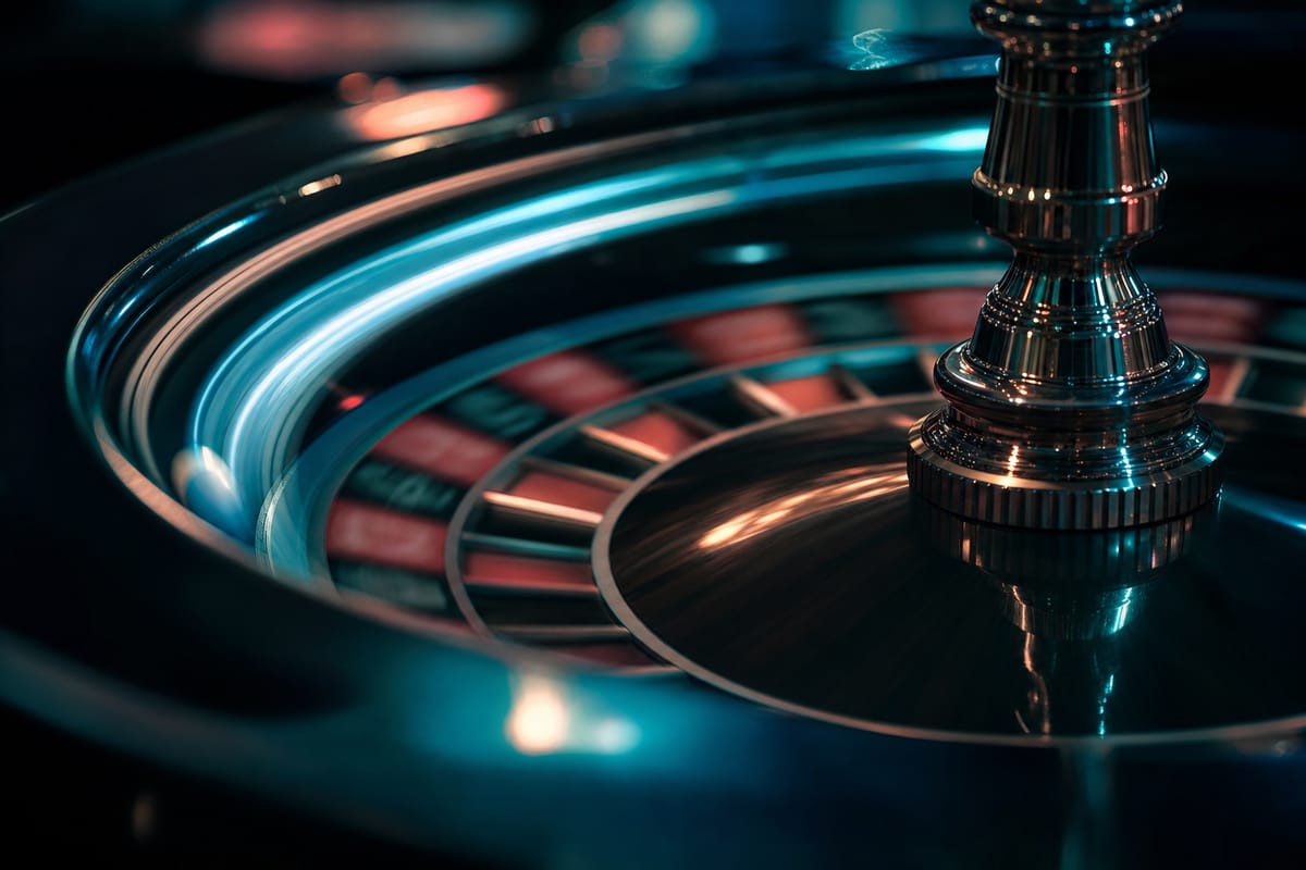 Roulette wheel caught with motion blur, streaks of light circling the rim past red and black pockets and a chrome turret (AI-generated image)