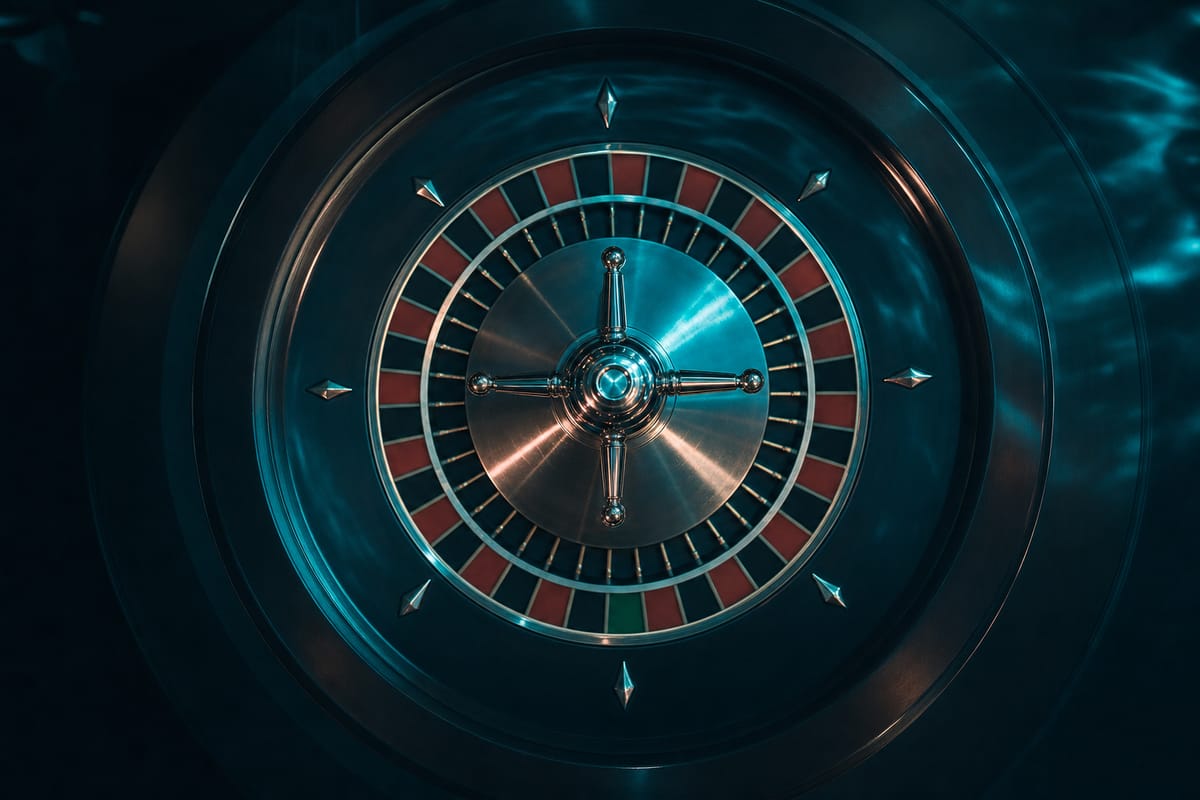 Roulette wheel seen straight from above, a ring of red and black pockets with one green pocket around a four-armed chrome turret (AI-generated image)