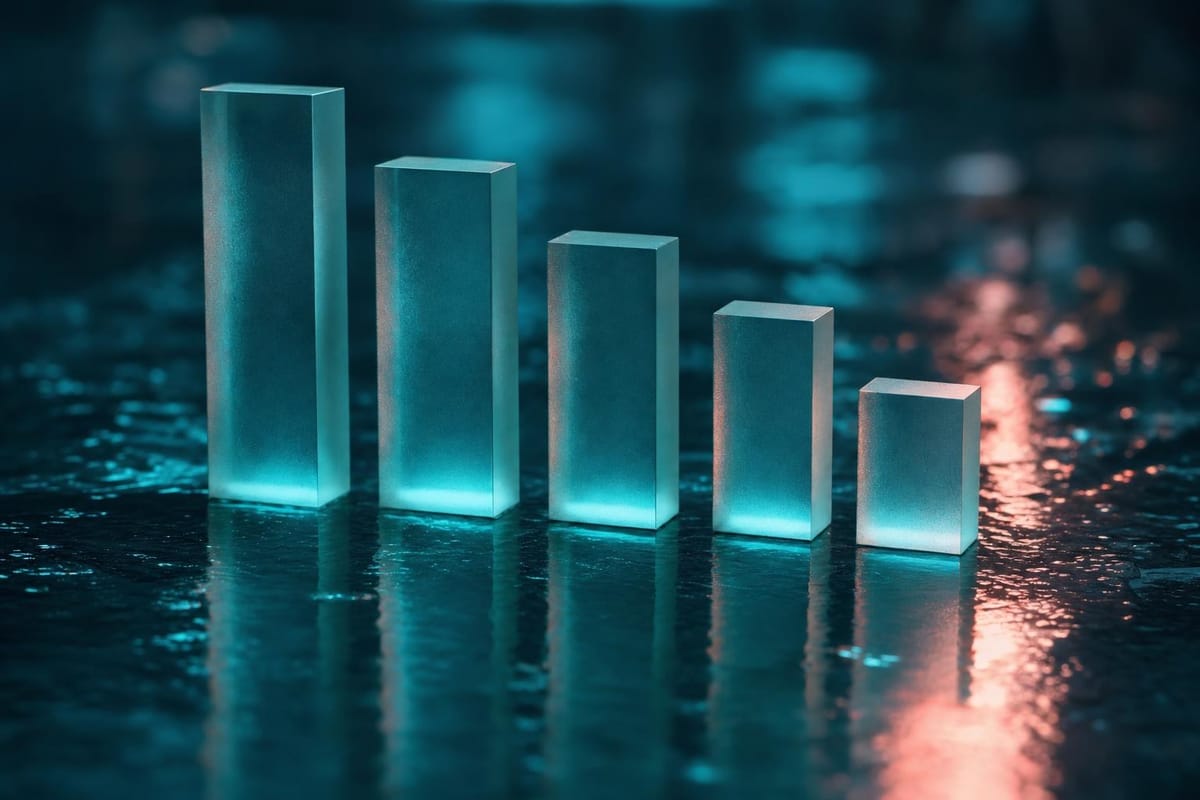 Five frosted teal glass blocks in a row on a wet dark surface, each one shorter than the last (AI-generated image)
