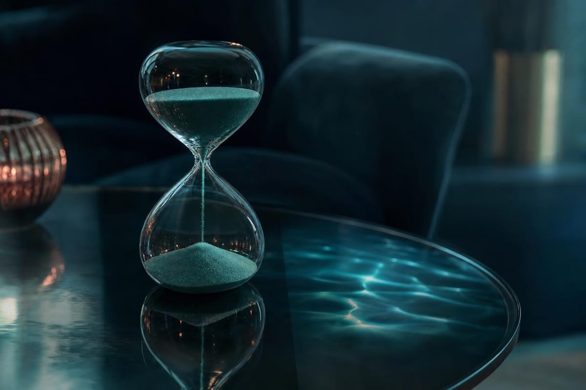 Hourglass on a dark glass table with fine pale teal sand trickling from the upper bulb into the lower one (AI-generated image)