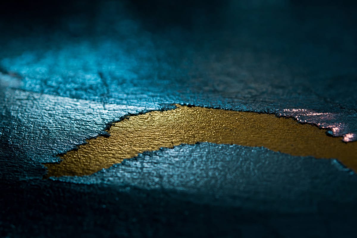 Macro view of textured grey-blue foil scratched away along a curving strip to reveal a gold layer beneath (AI-generated image)