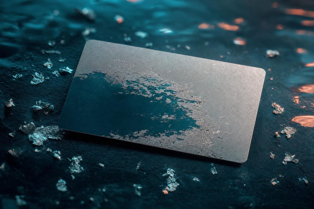 Blank card with a silver foil panel partly scraped away to reveal teal underneath, foil flakes scattered around it (AI-generated image)