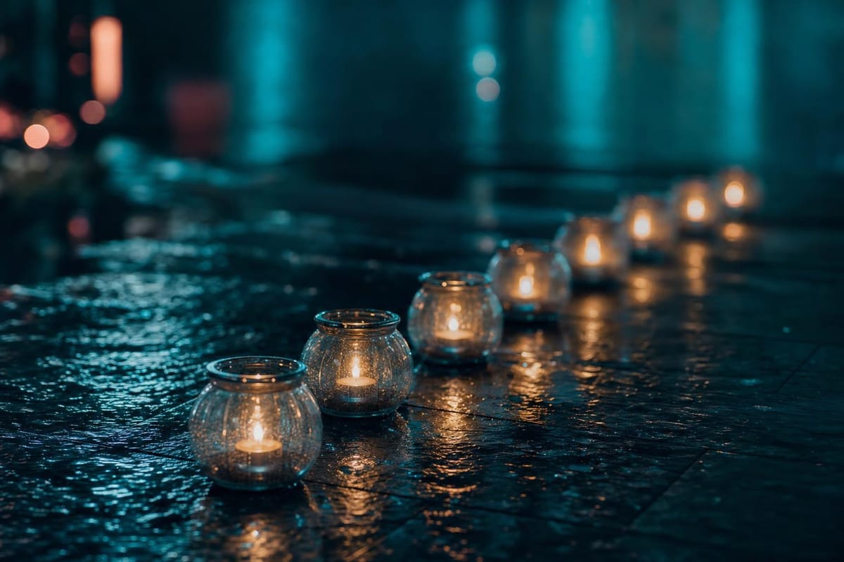 Diagonal line of identical small glass lanterns with soft gold flames receding into the distance on a dark wet surface (AI-generated image)
