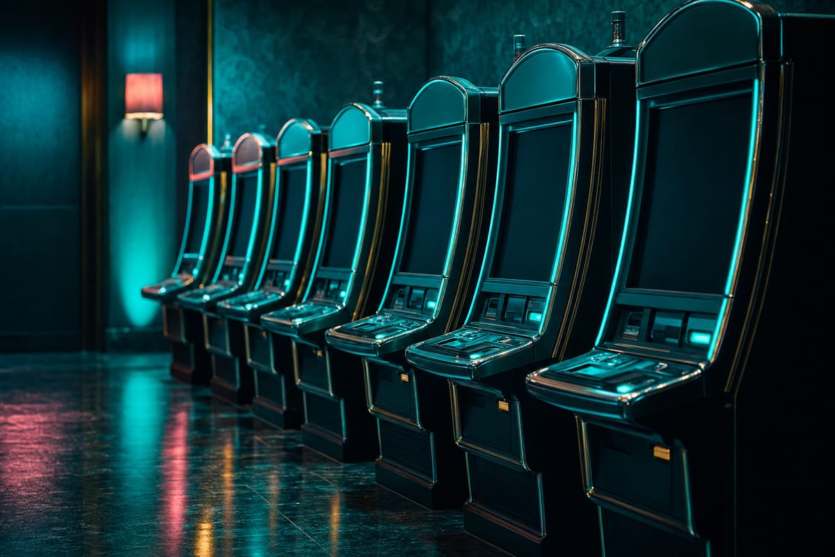 Long row of dark slot machine cabinets with blank screens and teal edge lighting on a reflective floor (AI-generated image)
