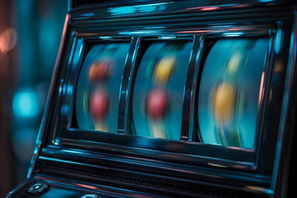 Close-up of a chrome slot machine with three reels spinning so fast that the coloured symbols blur into streaks (AI-generated image)