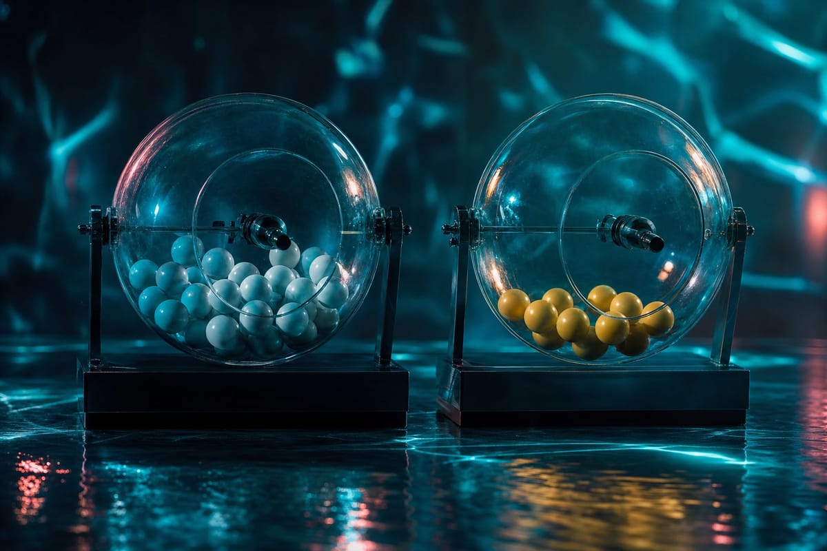 Two small rotating draw drums side by side, one holding white balls and the other yellow, on a dark reflective base (AI-generated image)