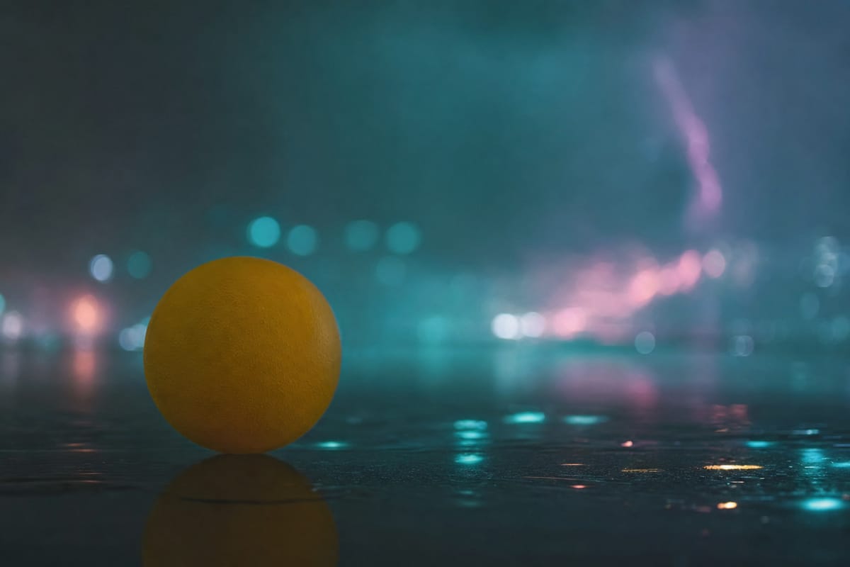 Single yellow ball on a wet reflective surface under a stormy teal sky with a faint streak of pink lightning (AI-generated image)